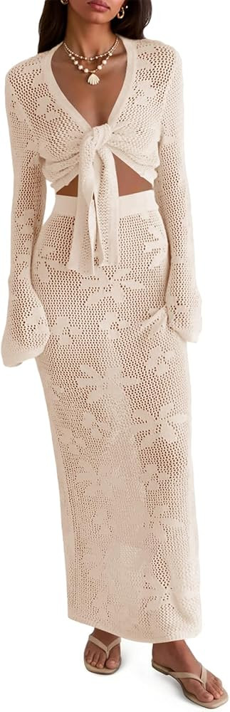 Saodimallsu Womens Crochet Swim Cover Up 2 Piece V Neck Long Sleeve Wrap Tie Crop Tops Beach Boho... | Amazon (US)