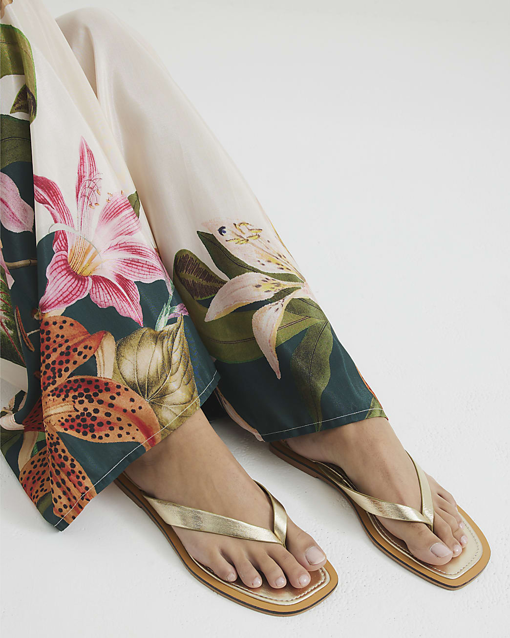 Gold Wide Fit Leather Flat Sandals | River Island UK & IE