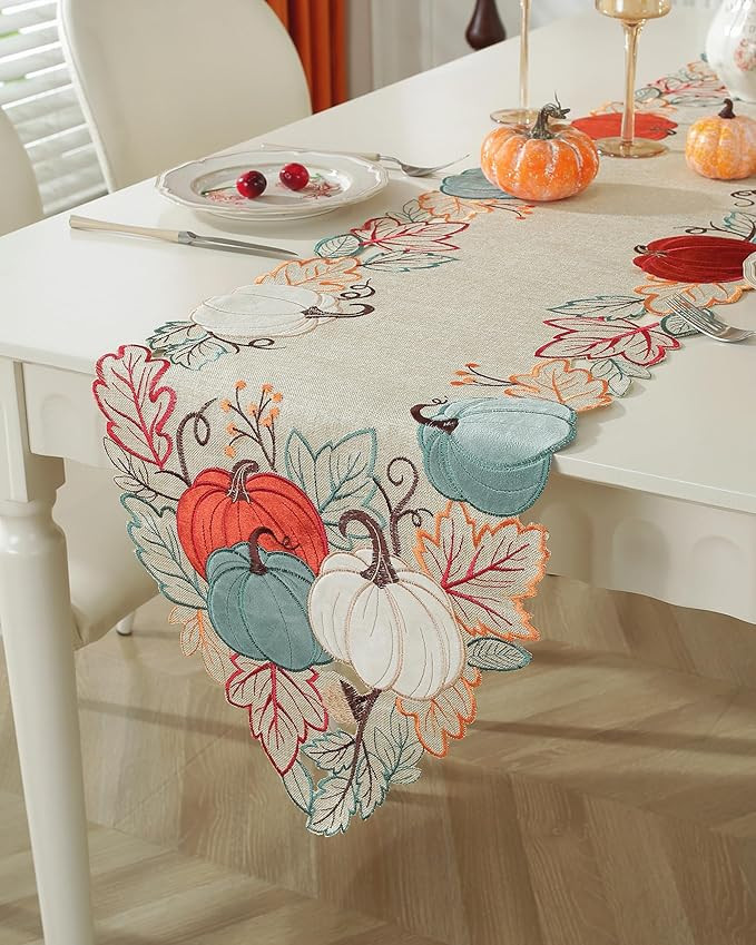 Fall Decorations for Home Fall Table Runner with Embroidered Velvet Pumpkins Maple Leaf. Thanksgi... | Amazon (US)