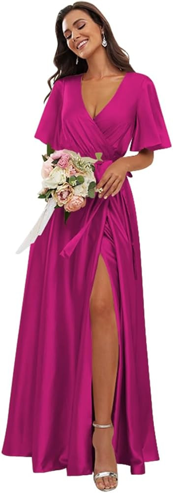 YMSHA Pleated V Neck Satin Bridesmaid Dresses with Sleeves Side Slit Formal Party Dress YMS170 | Amazon (US)