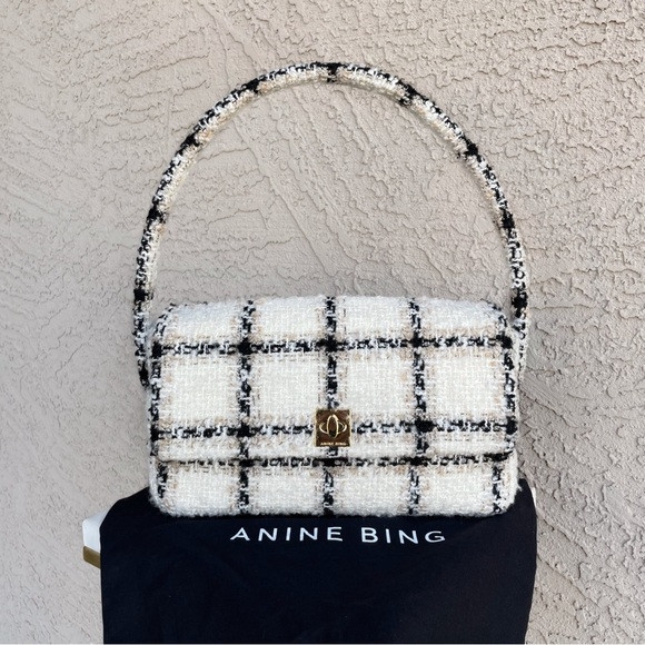 ANINE BING Black & White Textured Wool Tweed Plaid Flap Nico Shoulder Bag | Poshmark