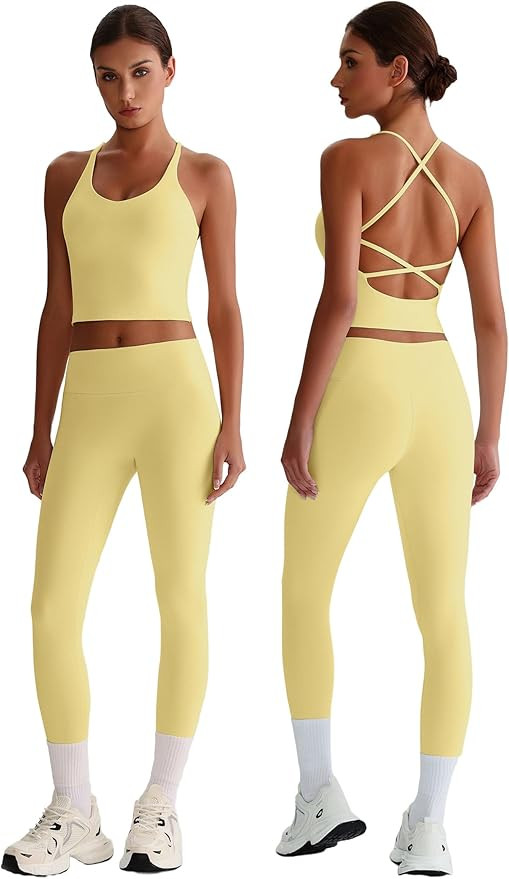 ABOCIW Workout Sets for Women 2 Piece Backless Strappy Padded Tank Tops High Waist Leggings Gym Y... | Amazon (US)