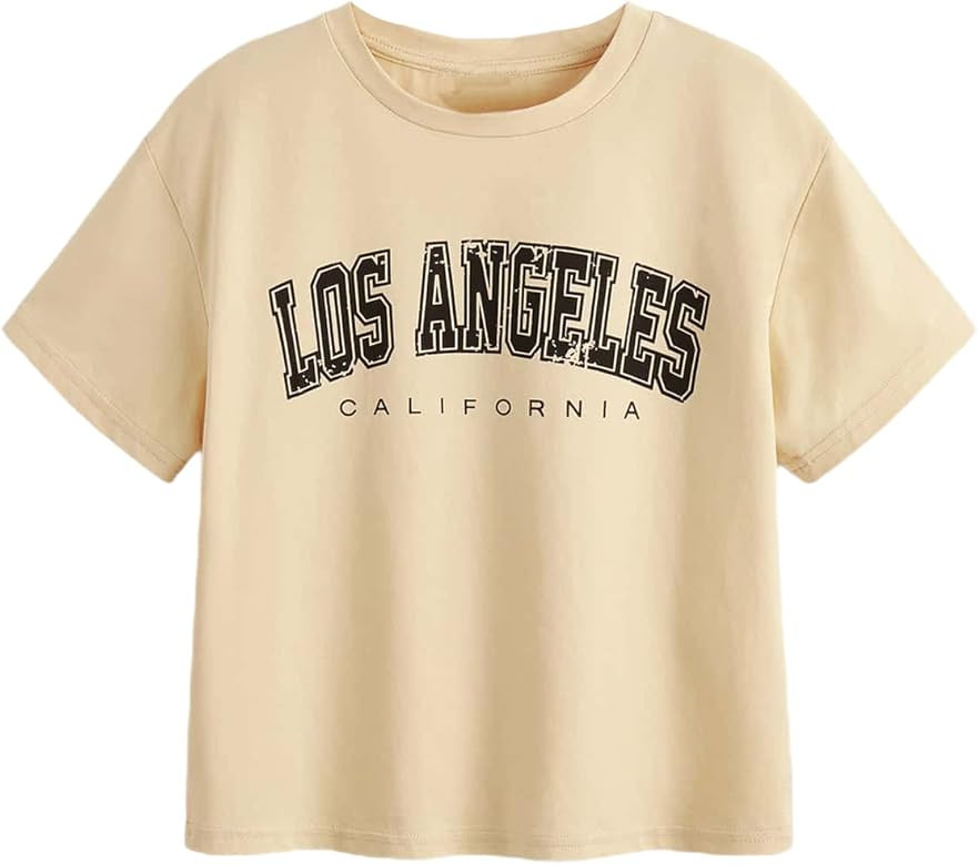 WDIRARA Girl's Letter Graphic Print Round Neck Short Sleeve Drop Shoulder Tee T Shirts | Amazon (US)