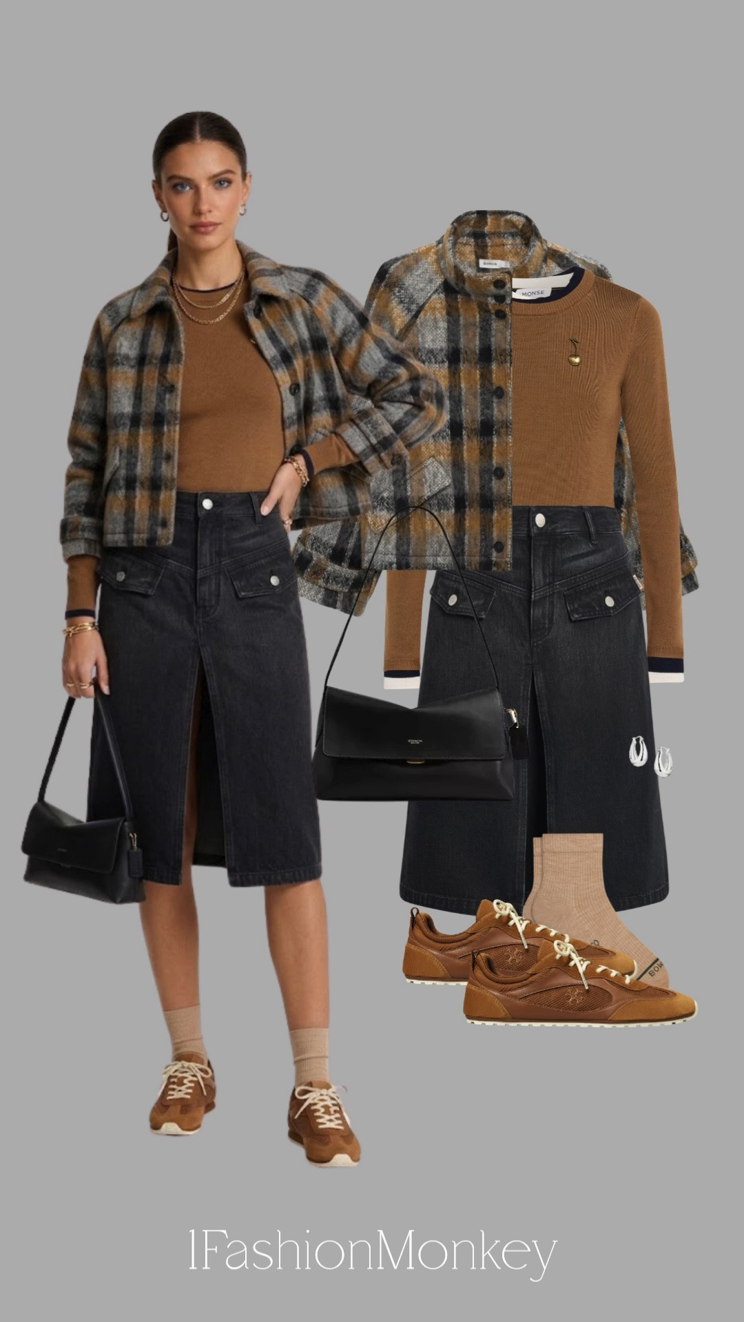 To shop, click/tap on an item and you will be re-directed to the store where it can be purchased.  If you make the purchase through my LTK shop, I make a small commission with absolutely no additional cost to you. Your support is greatly appreciated. Black denim skirt - brown suede sneakers - short plaid jacket ￼

#LTKOver40 #LTKSeasonal