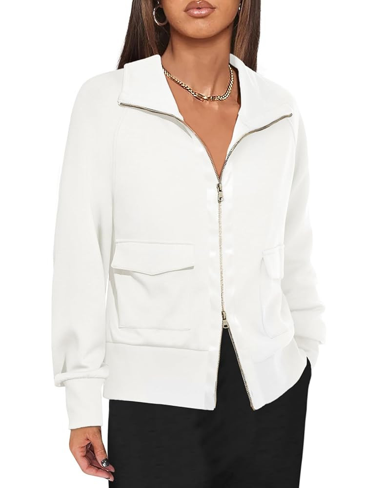 Fisoew Women's Zip up Sweatshirt Collared Neck Long Sleeve Loose Casual Lightweight Jacket with P... | Amazon (US)