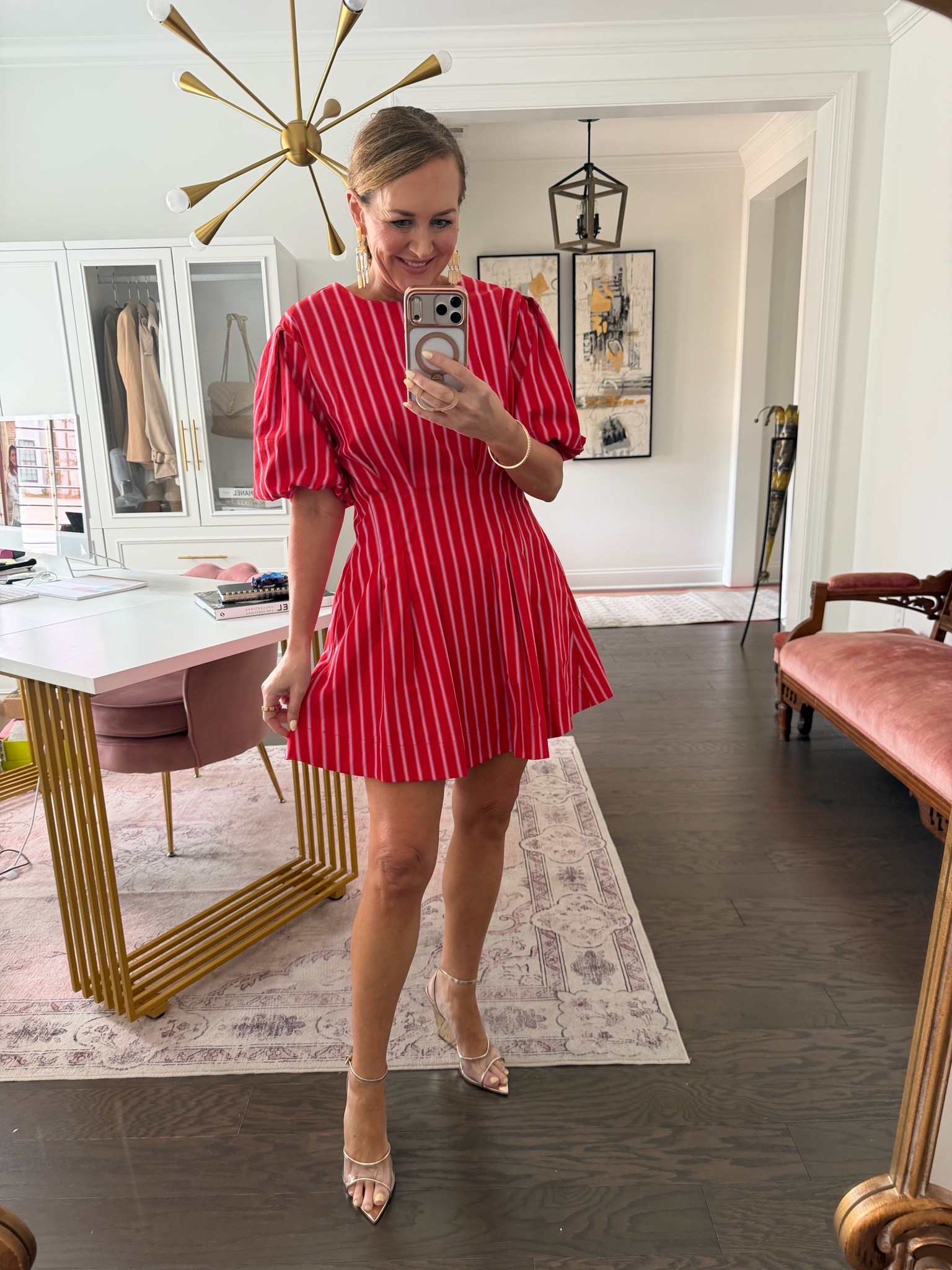 Bright colored dress for summer 
Red and pink striped dress
Anthropologie dress on sale Anthro20
Size small
Schutz gold wedges

#LTKSeasonal #LTKOver40 #LTKSaleAlert
