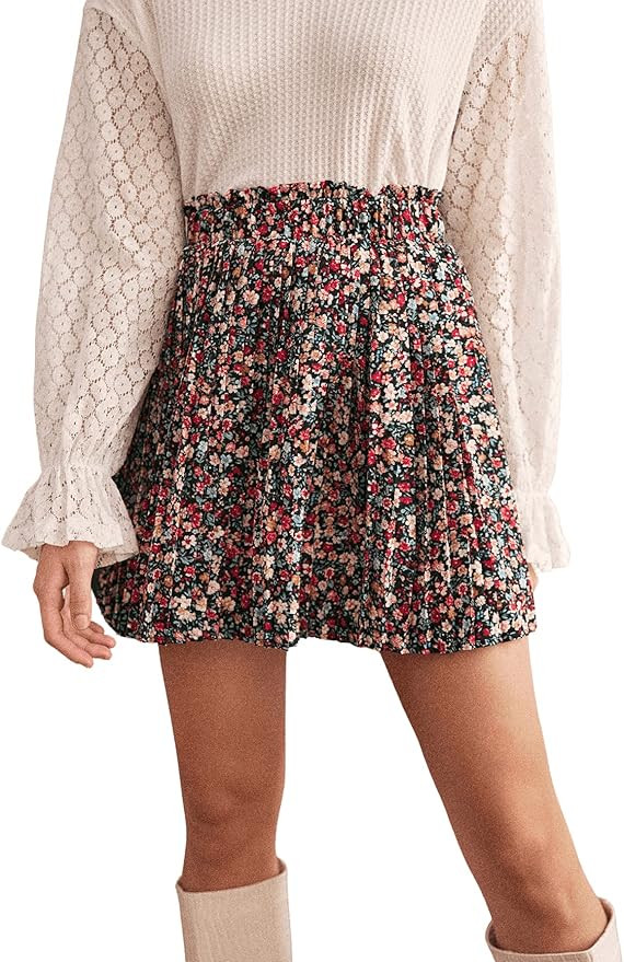 SweatyRocks Women's High Waist Mini Pleated Skater Skirt Flared A-Line Floral Short Skirt | Amazon (US)