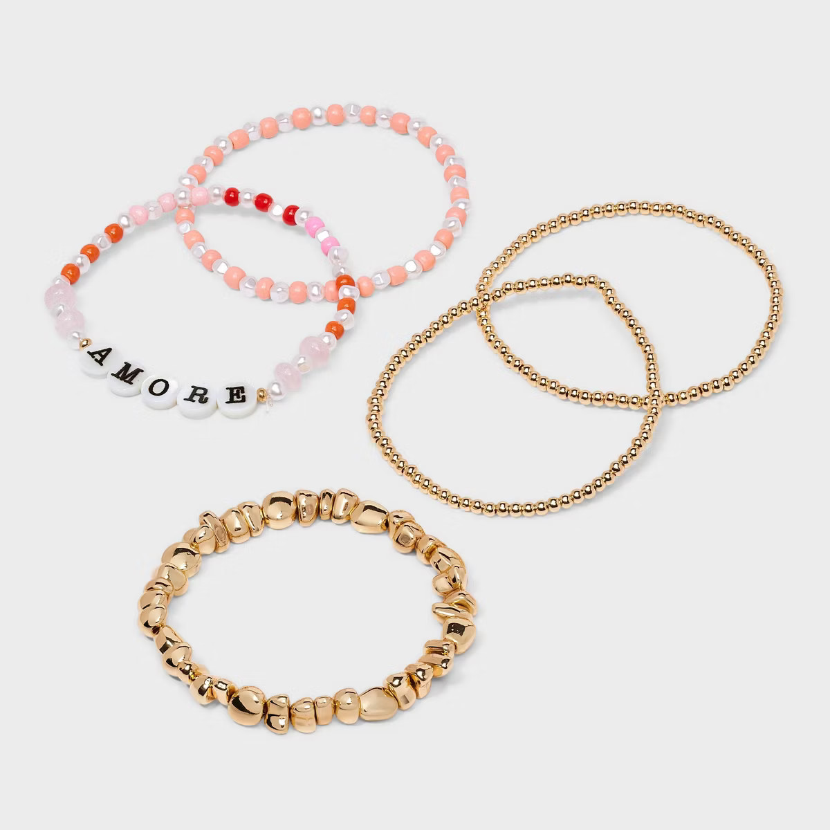 Striped Semi-Precious Amore Beaded Bracelet Set 5pc - Universal Thread™ Gold/Pink | Target