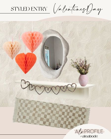Valentine's Day Entry // pink vase, pink flowers, heart hanging decor, heart folding decor, hanging heart, woven heart garland, valentines day decor, pink deecor, red decor, organic wall mirror, floating console table, modern console, modern wallpaper, neutral wallpaper, checkered runner rug, lulu and georgia rug, wave wallpaper

#LTKhome