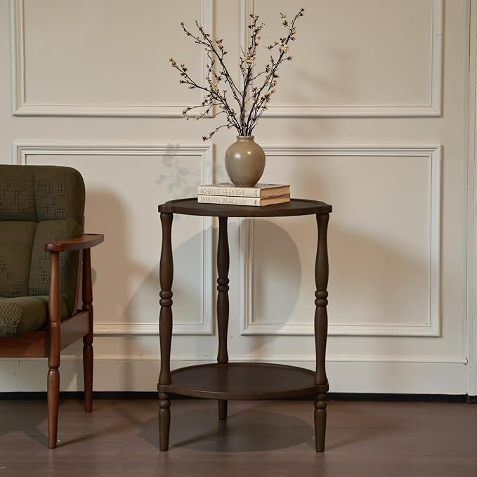 Accent Wood End Table, 2-Tier Round Bedside Table, Natural Side Table Nightstand for Family, Bedr... | Amazon (US)