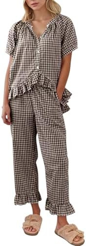 COZYPOIN 100% Cotton Pajamas for Women Set Cute Gingham Lounge Set | Amazon (US)