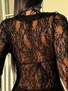 Swim SXY Summer Beach Women Holiday Deep V-Neck Long Sleeve Lace Sheer Slim Fit Cover-Up Dress | SHEIN