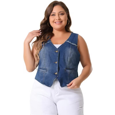 Agnes Orinda Women's Plus Washed Distressed V-Neck Sleeveless Denim Vest Blue 1X | Target