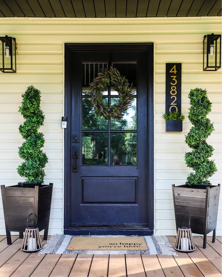 Front porch refresh: front door decor, front door wreath, address plaque, artificial outdoor trees, doormat 

#LTKSeasonal #LTKHome #LTKStyleTip