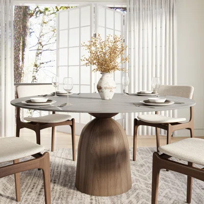 Amberly Luxurious Round Dining Table | Travertine & Stone Top With Solid Wood Base – Modern Design For Home & Entertaining | Wayfair North America