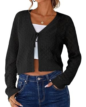 Womens Crochet Cardigan Tie Front Long Sleeve Cropped Shrugs Sweaters | V Neck, Hollow out, Casua... | Amazon (US)