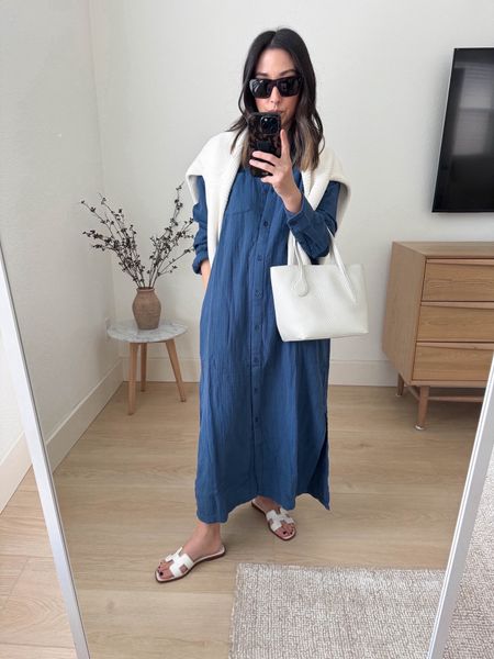 Caslon gauze shirt dress. Great maxi length on petites. Just very comfy! Love the pockets. 

Caslon dress xs
Hermes sandals 35
Little Liffner tote (old)
J.Crew cardigan xs 

Dress, spring outfits, spring style, sandals, vacation outfit 

#LTKSeasonal #LTKfindsunder100 #LTKitbag