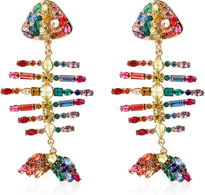 Creative Exaggerated Long Colorful Sparkly Crystal Fish Bone Dangle Drop Earrings Vintage Gold Cu... | Amazon (US)