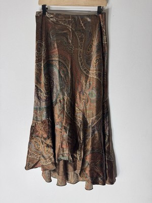 Lauren Ralph Lauren Brown Silk Paisley Midi Skirt 8 | eBay US