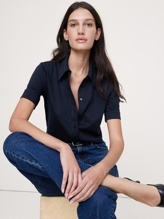 Silky Cotton Short-Sleeve Button-Down Top | Banana Republic (US)