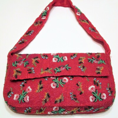 Vintage Beaded Purse-Lord and Taylor-Red-Floral-Hand Bag Evening Formal | eBay AU