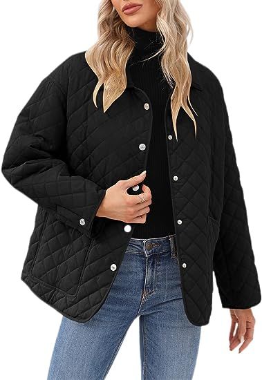 Women's Lapel Lightweight Quilted Jacket Concealed Buckle Long Sleeve Warm Oversized Coat with Tw... | Amazon (US)