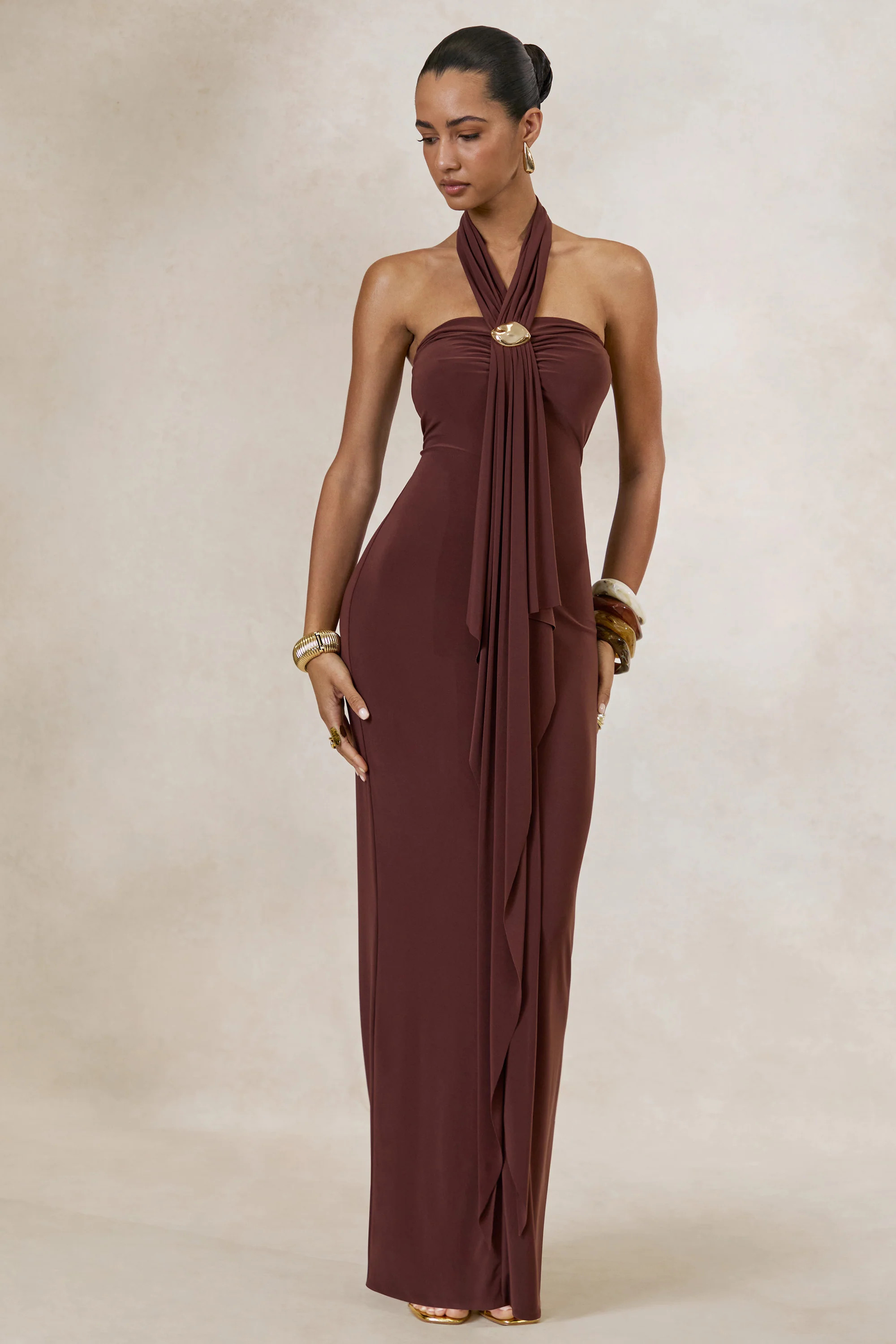 Delaina | Dark Brown Halter-Neck Maxi Dress With Gold Detail And Sash | Club L London