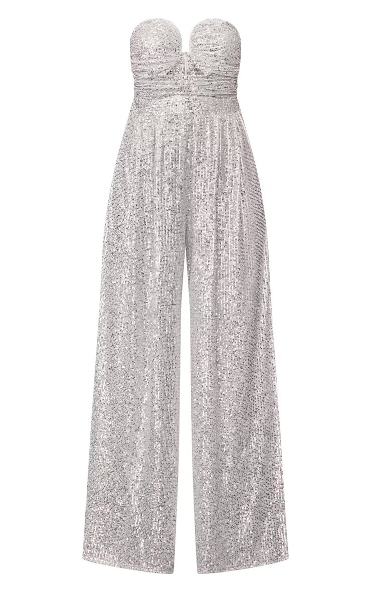 Silver Sequin Wire Detail Bandeau Wide Leg Jumpsuit | PrettyLittleThing US