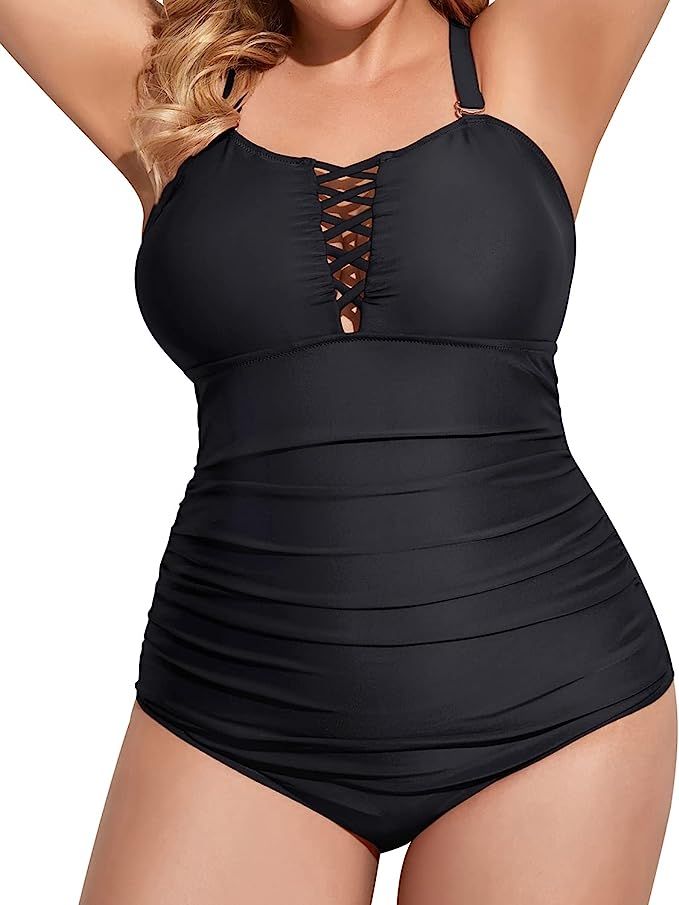 Yonique Women Plus Size One Piece Swimsuits Deep V Neck Tummy Control Bathing Suits Lace Up Swimw... | Amazon (US)