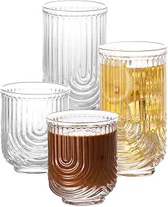 Cocktail Glasses with Ribbed Glassware Set of 4, Art Deco Ripple Vintage Glassware, 2 Highball Gl... | Amazon (US)