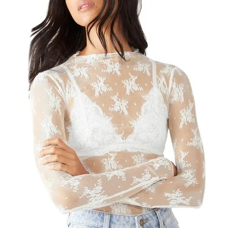 Floral Embroidered Lace Mesh T Shirts for Women Cute 2024 See Through Long Sleeve Tops Trendy Fitted Skinny Mesh Overlay Lace Overlay Mock Neck Sheer Flower Layering Tee Shirts | Walmart (US)