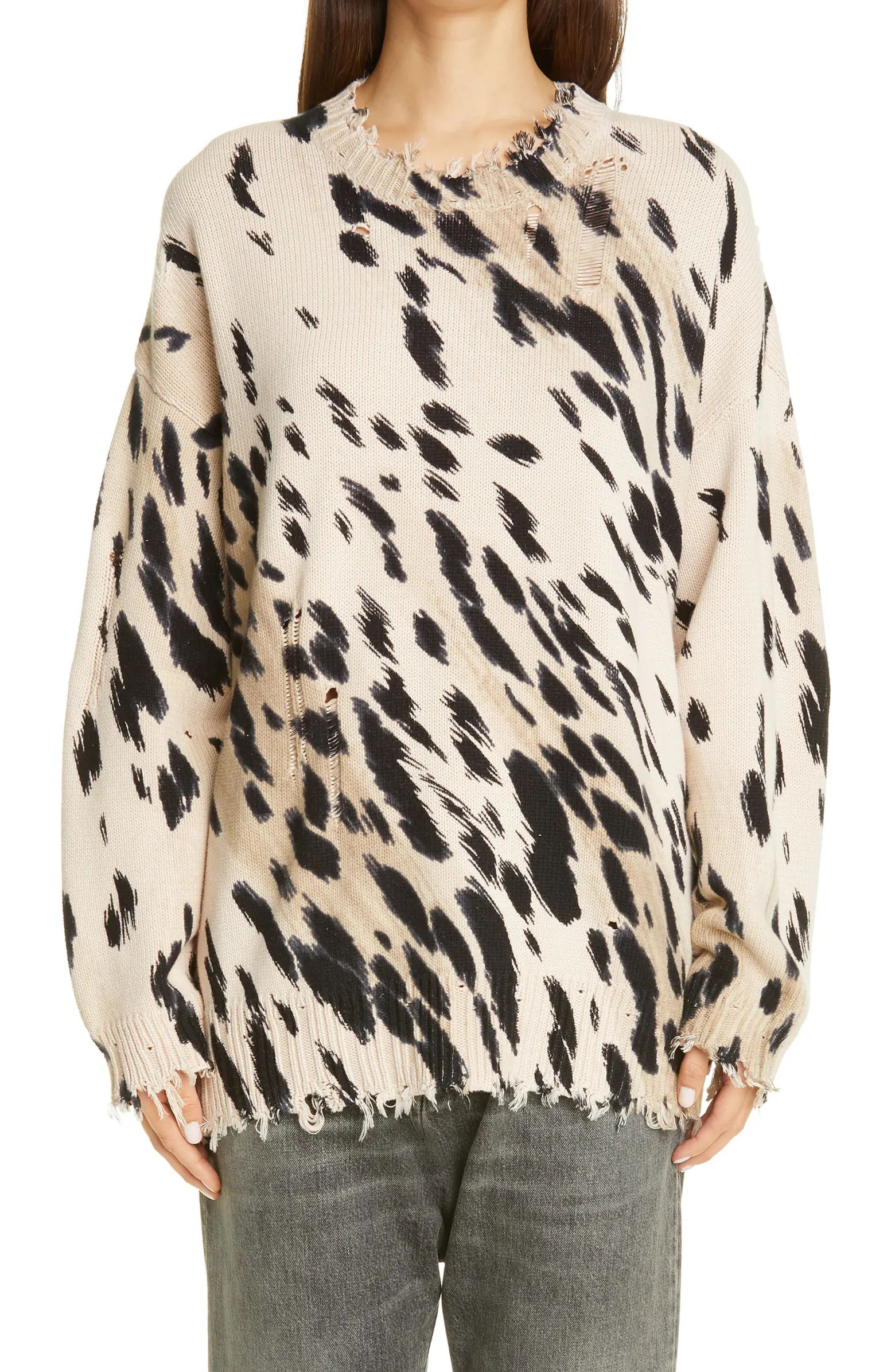 Cheetah Jacquard Distressed Cotton Sweater | Nordstrom