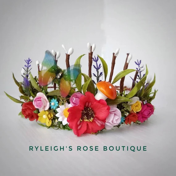 Flower Fairy Crown, Floral Princess Headband, Woodland Photo Prop, Moss And Mushroom, Butterfly G... | Etsy (US)