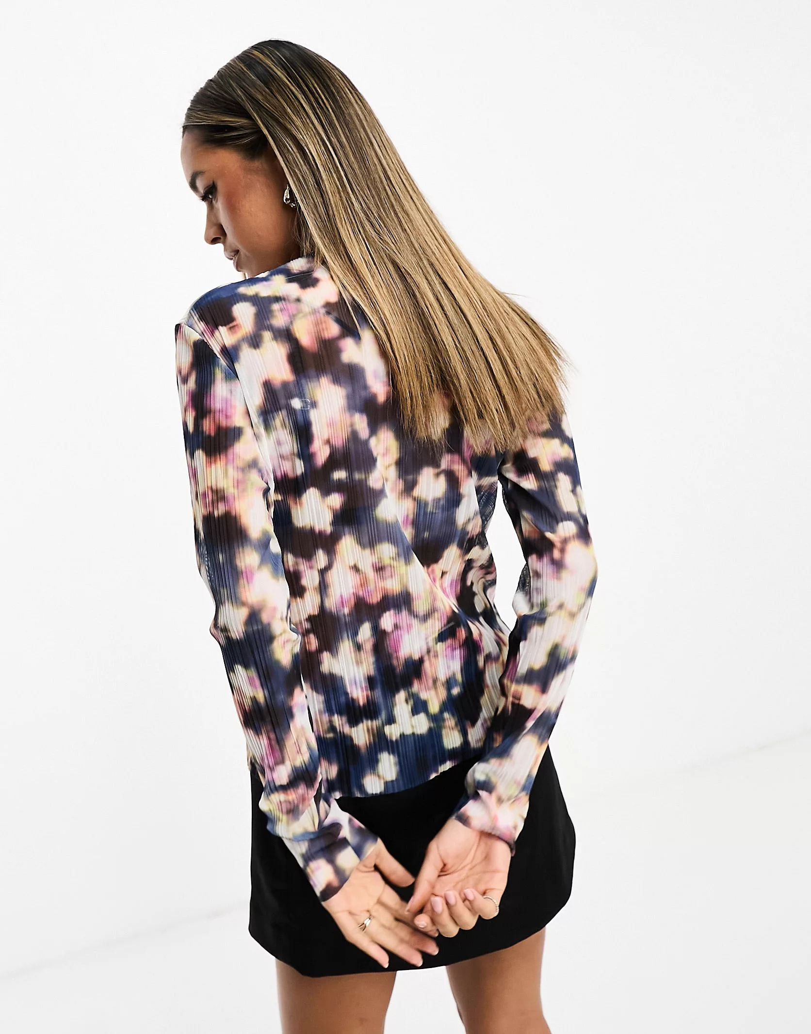 & Other Stories plisse mesh long sleeve top in blurred floral print | ASOS | ASOS (Global)