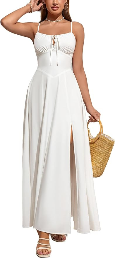 Parthea Womens Spaghetti Straps Corset Dress Boho Flowy Slit Square Neck Casual Midi Dresses | Amazon (US)