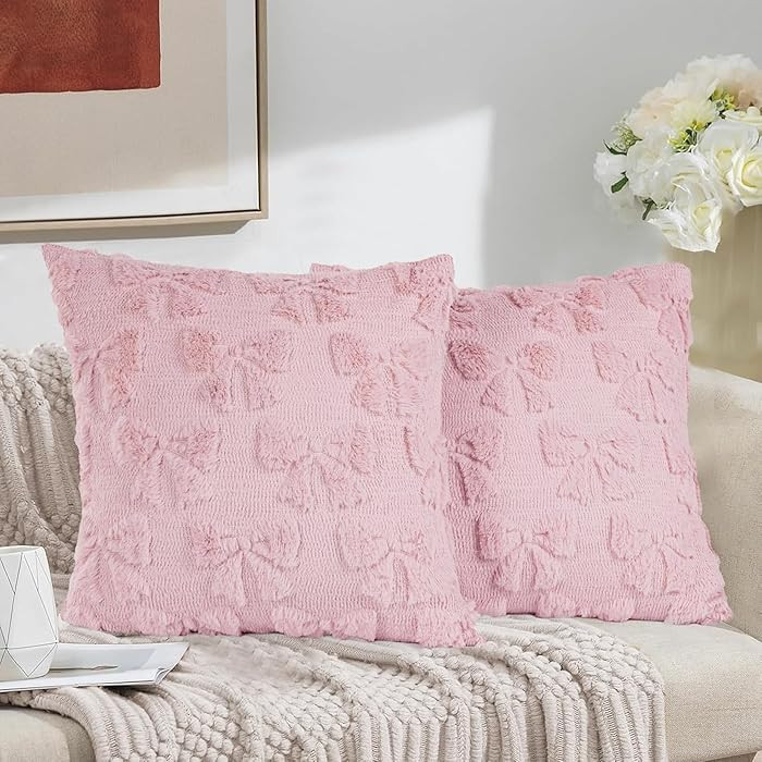2 Pack Pillow Covers with Bows 18x18 Coquette Room Decor Cute Soft Plush Faux Fur Throw Pillow Co... | Amazon (CA)