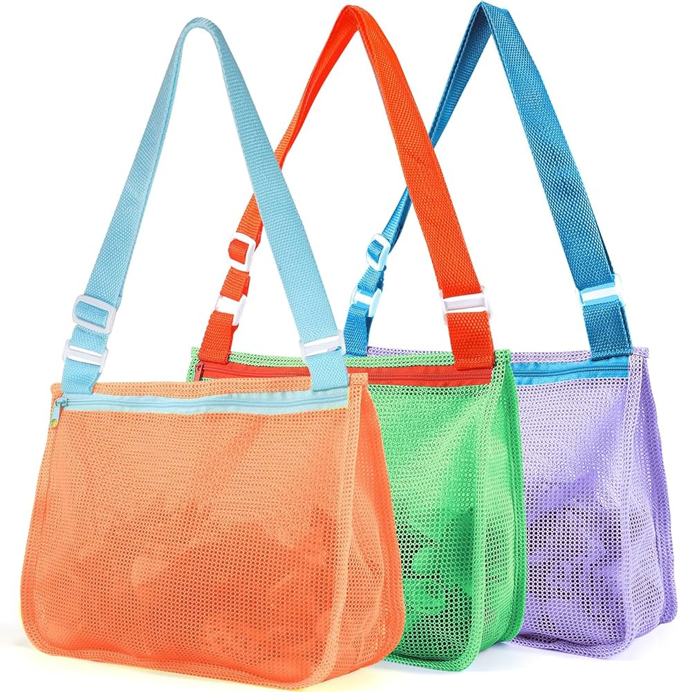 Mesh Beach Bag for Kids Sand Toys, 3 Pack 11.8 inch Large Shell Collecting Bag for Beach Toys Sea... | Amazon (US)