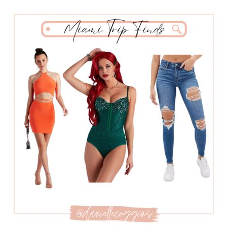 Found some Miami outfits on sale yesterday while shopping 
Neon orange cut out halter (m)
Emerald green bustier bodysuit (m)
Dark wash AE destroyed high rose jeggings (4)

#LTKSeasonal #LTKunder50 #LTKtravel