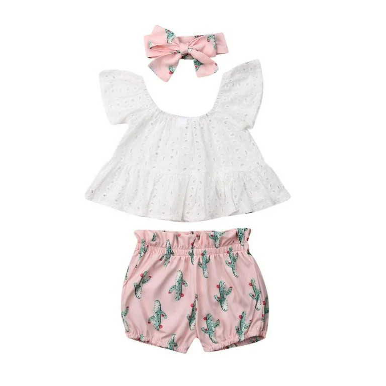 Summer Toddler Baby Girl Clothes Lace Tops Cactus Shorts Headband Outfits Set | Walmart (US)