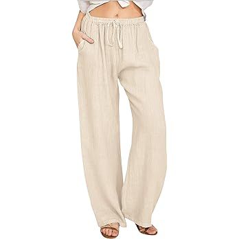 utcoco Women's Cotton Linen Drawstring High Waisted Pants Casual Loose Fit Wide Leg Trousers | Amazon (US)