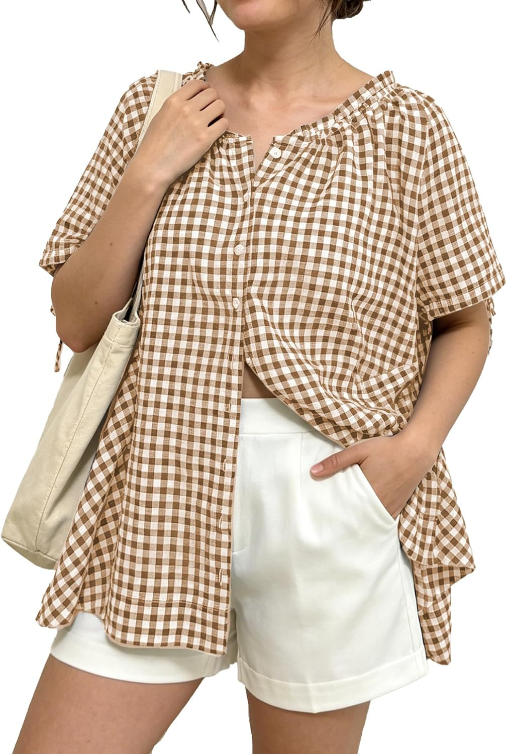 Womens Gingham Tunic Tops Puff Short Sleeve Flowy Babydoll Blouse | Amazon (US)