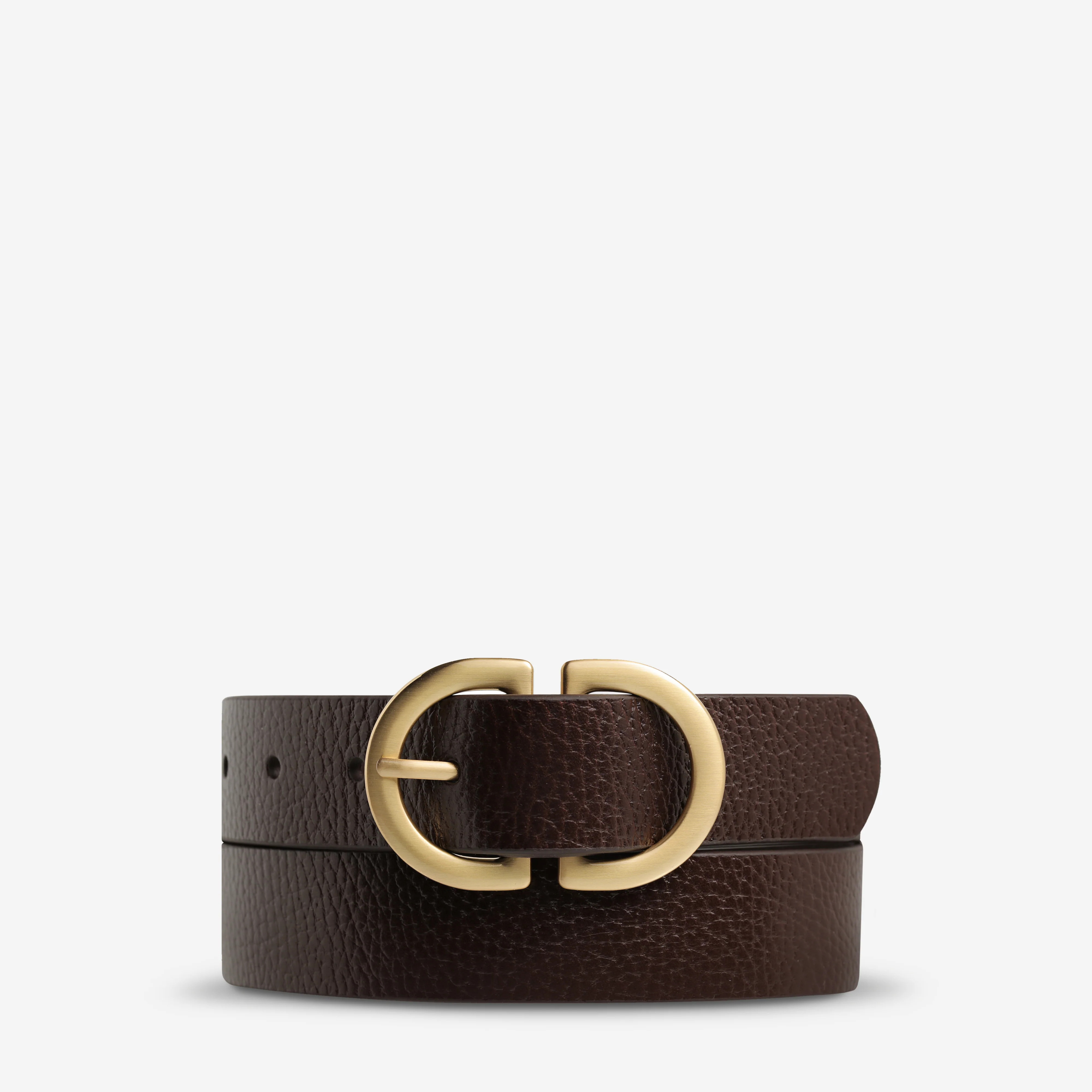 In Reverse Women's Choc / Gold Leather Belt | Status Anxiety® | Status Anxiety 