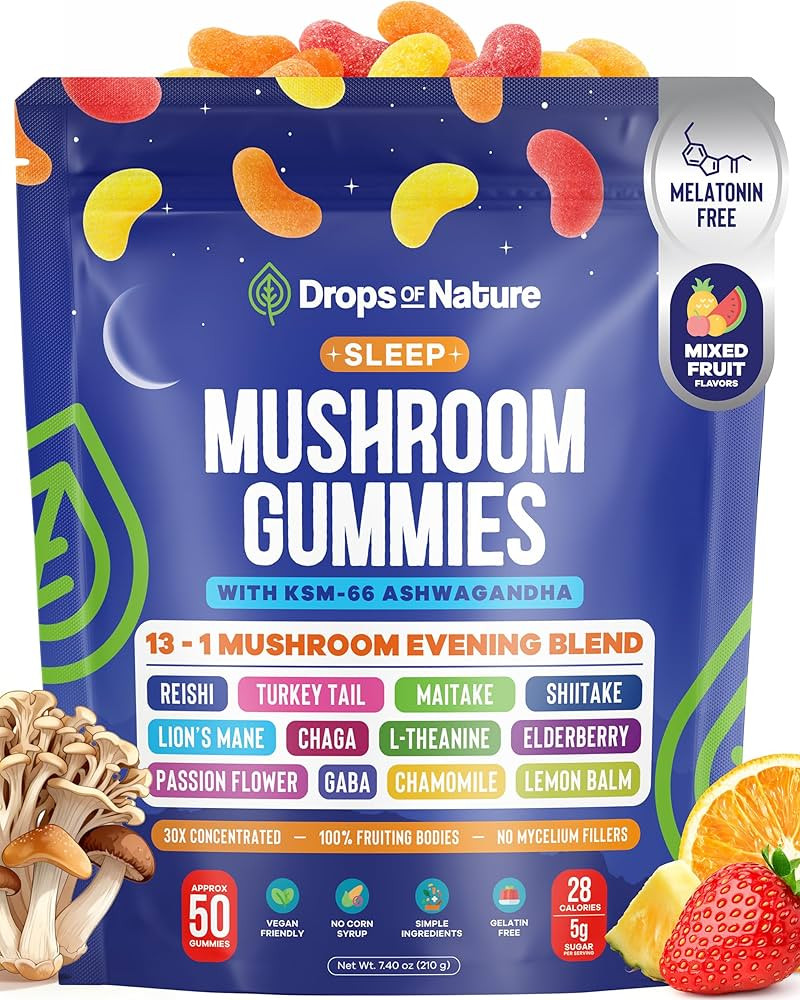 Drops Of Nature Mushroom Sleep Gummies Melatonin-Free – Ashwagandha L Theanine Elderberry Lions... | Amazon (US)