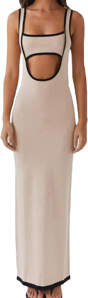 Licupiee Women Contrast Color Cutout Maxi Dress Summer Sexy Slim Fit Sleeveless Backless Knitted ... | Amazon (US)