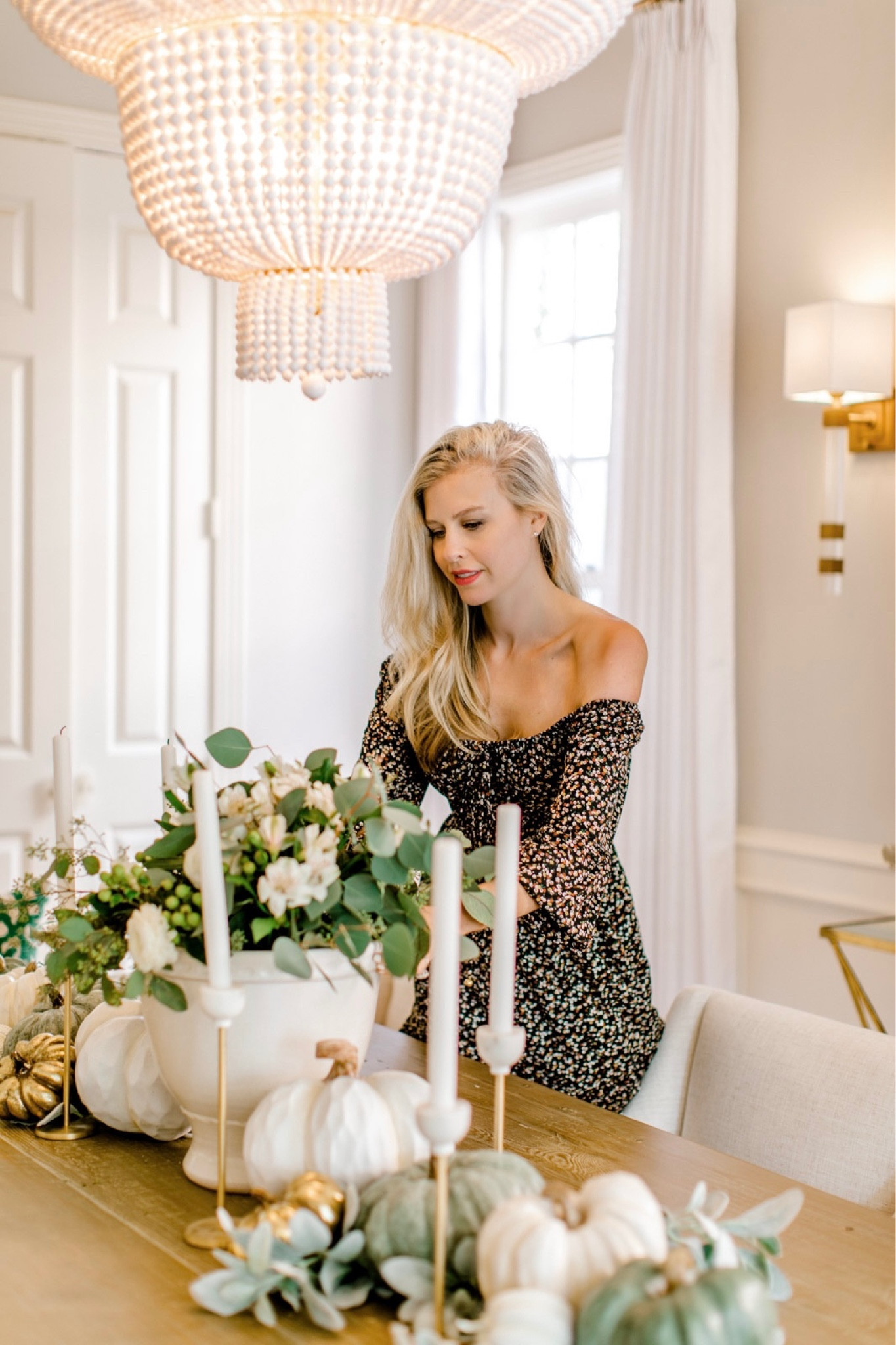 Pumpkin tablescape dining room gold white bead Jacqueline chandelier gold crystal sconce taper candles 

#LTKunder50 #LTKSeasonal #LTKhome