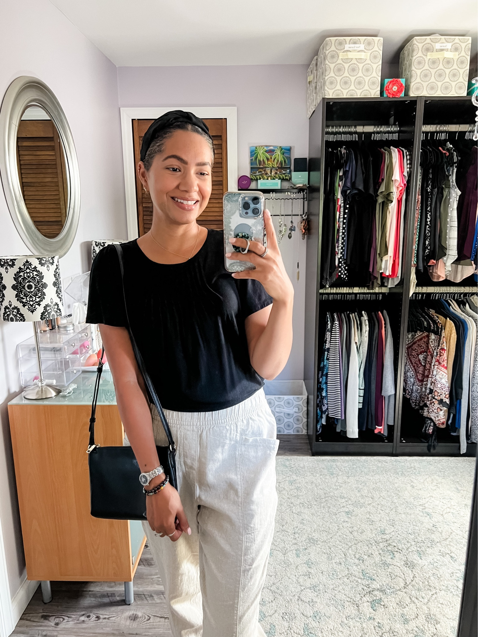 Fall outfit. Linen pants, black top, headband and leather crossbody

#LTKSeasonal #LTKfindsunder100 #LTKstyletip