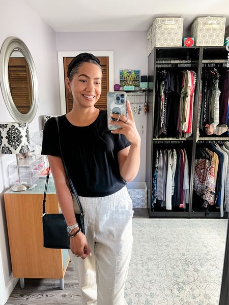 Fall outfit. Linen pants, black top, headband and leather crossbody

#LTKSeasonal #LTKfindsunder100 #LTKstyletip