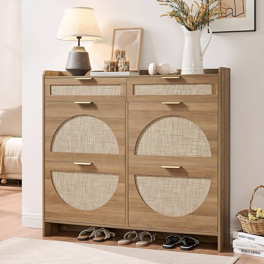 Rattan Shoe Storage Cabinet with 4 Flip Drawers & 2 Drawers, Freestanding Organizer for Front Doo... | Amazon (US)