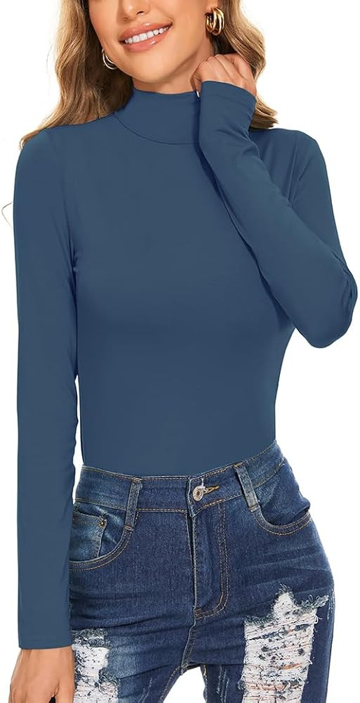 Women's Long Sleeve Mock Turtleneck Tops Casual Slim Fitted Lightweight Under Layer Pullover Shir... | Amazon (US)