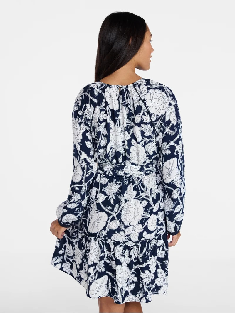 Time and Tru Women's Lace Trimmed Mini Dress with Long Sleeves, Sizes XS – XXXL | Walmart (US)